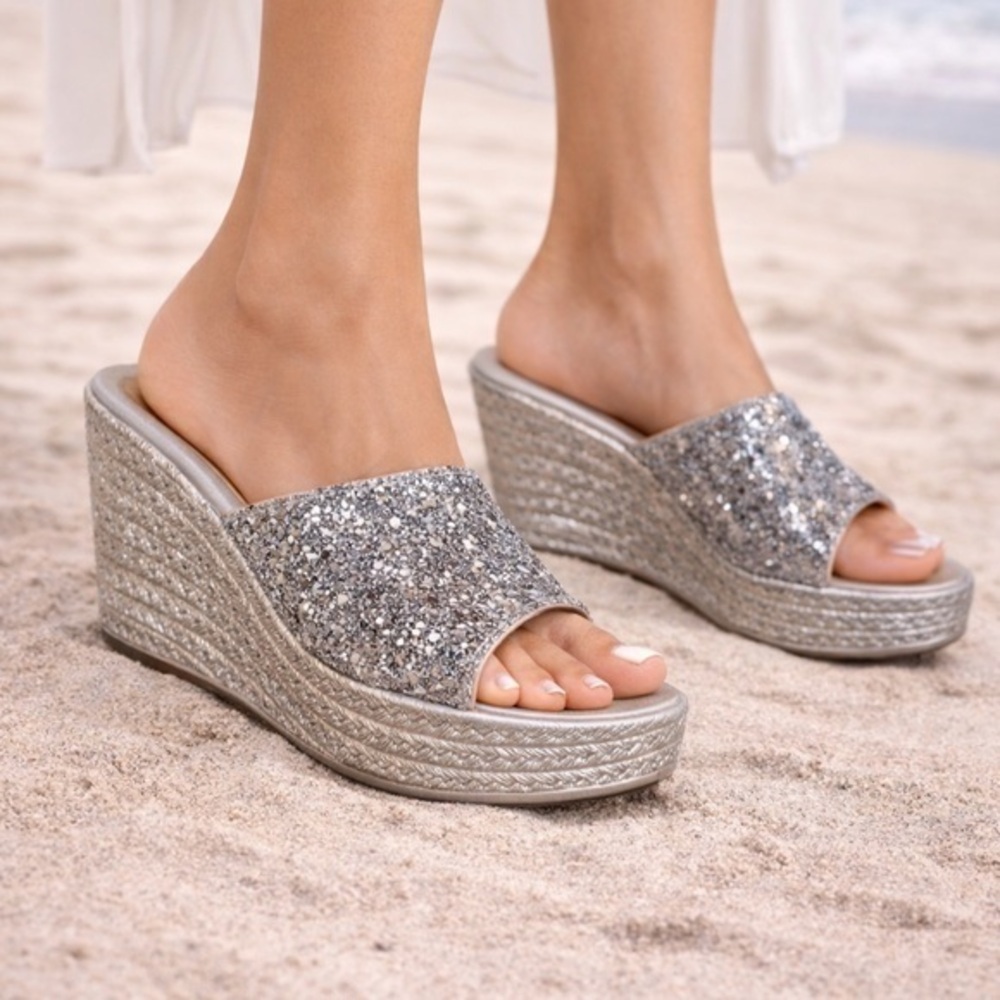 Silver Glitter Platform Shoes with Espadrille Sole